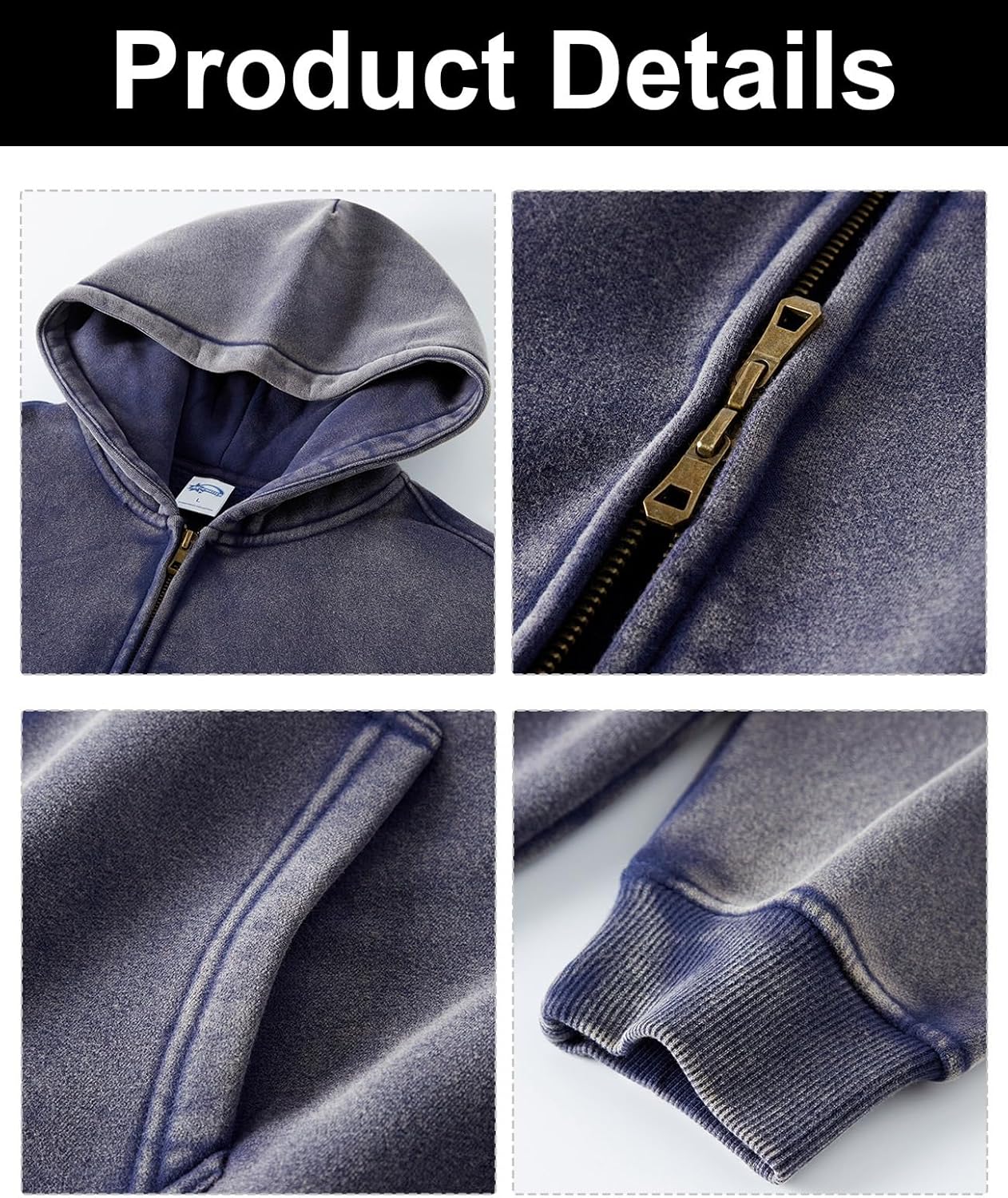 INFLATION Washed Distressed Fleece Zip Up Hoodies - Image 7