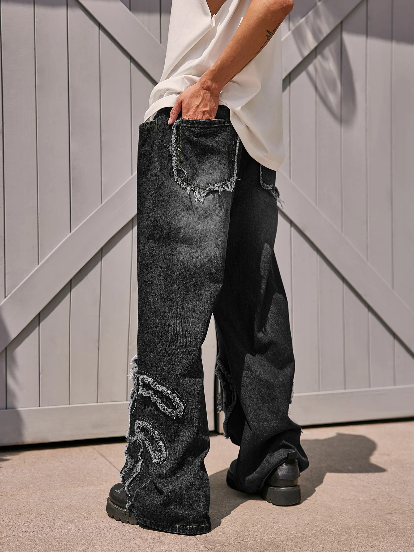 Black Distressed Fringe Jeans | Inflation Streetwear - Image 3