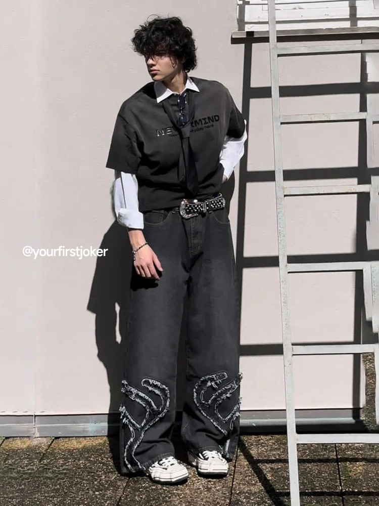 Black Distressed Fringe Jeans | Inflation Streetwear - Image 4