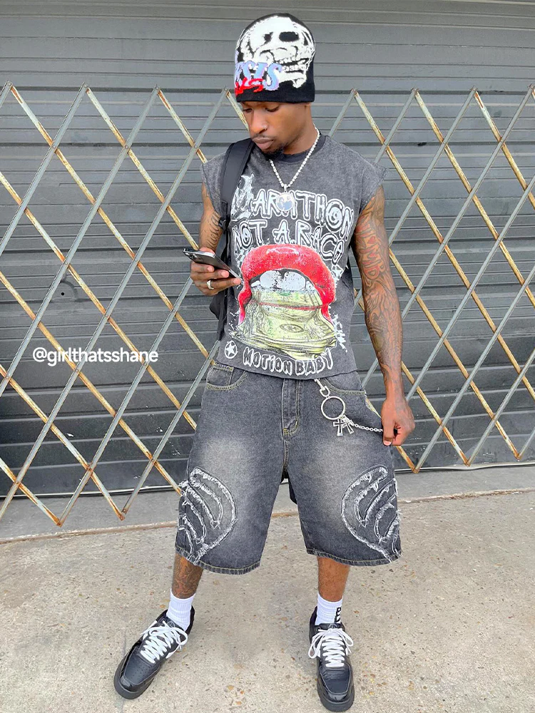 Black Distressed Fringe Jeans Shorts | Inflation Streetwear - Image 3