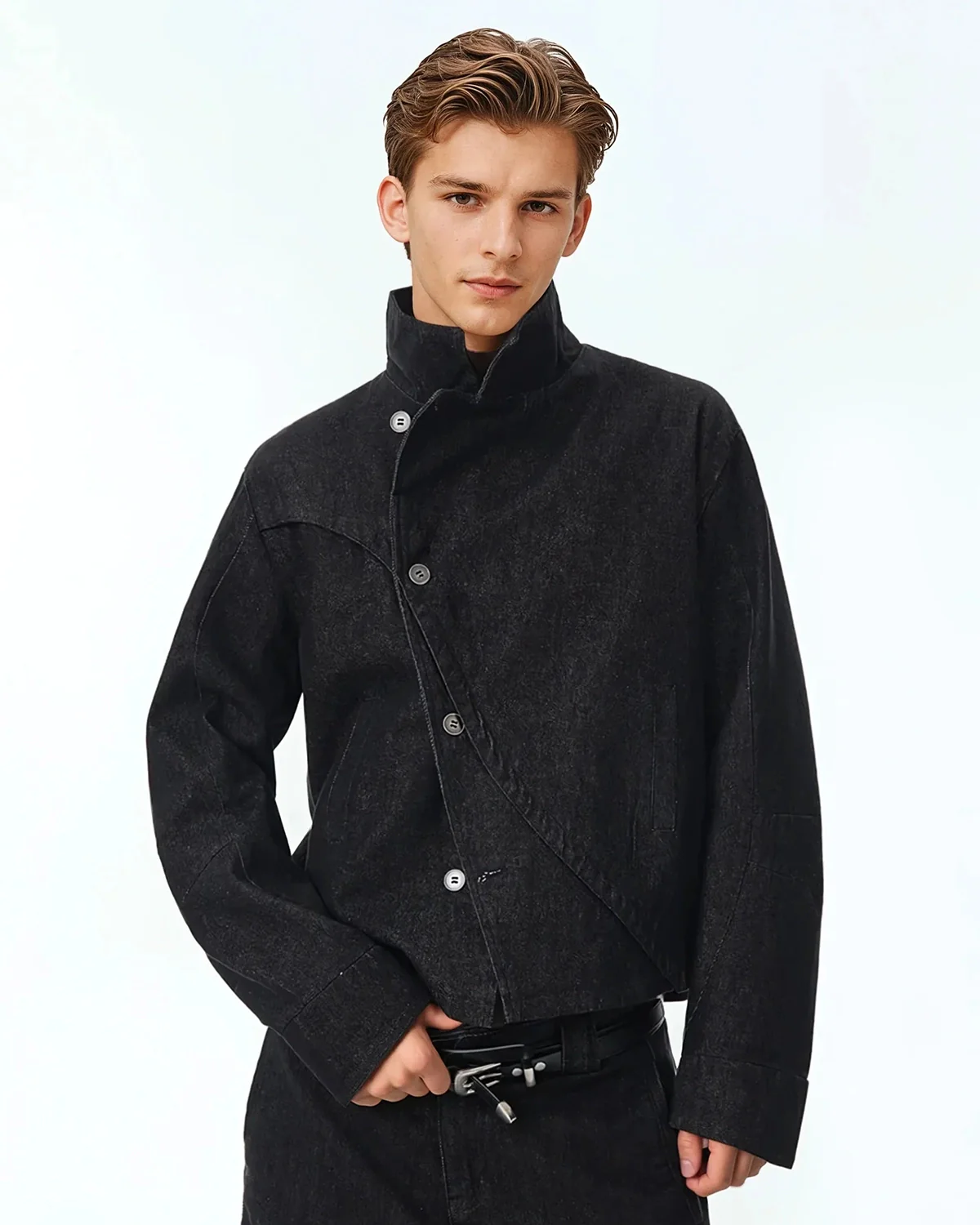 Cropped Asymmetric Button Denim Jacket | Inflation Streetwear - Image 3