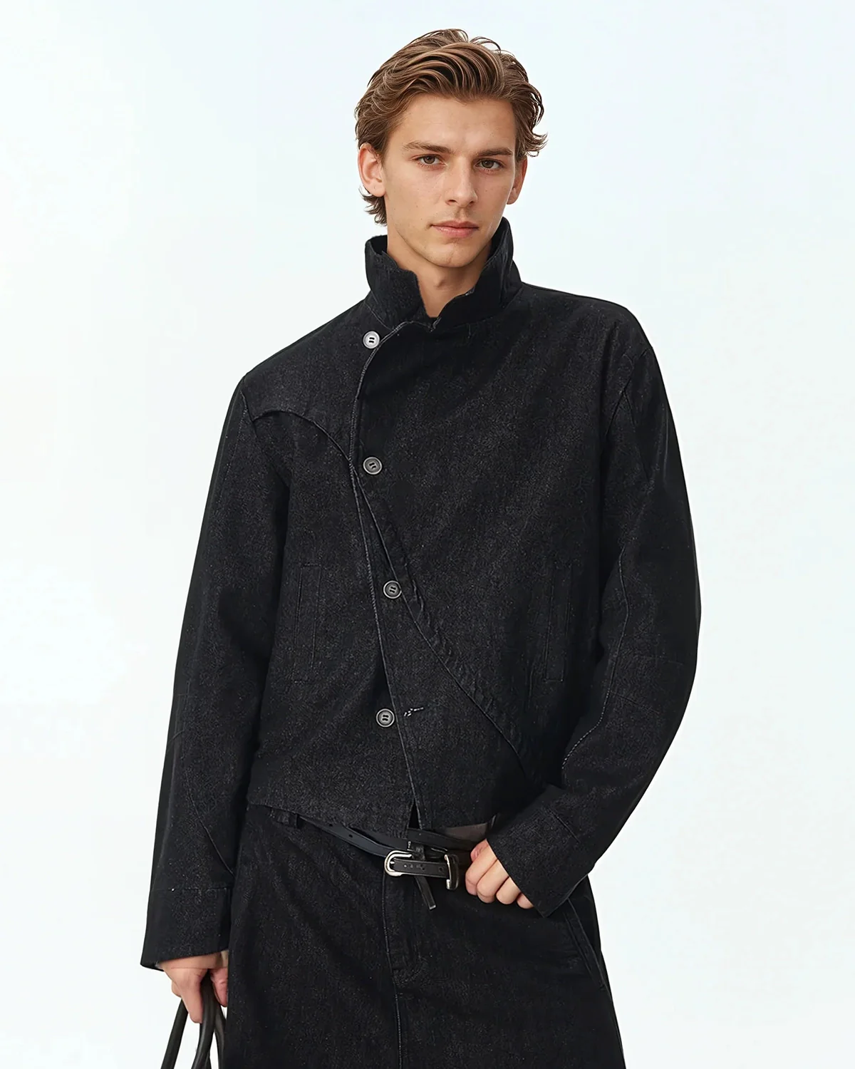 Cropped Asymmetric Button Denim Jacket | Inflation Streetwear - Image 4