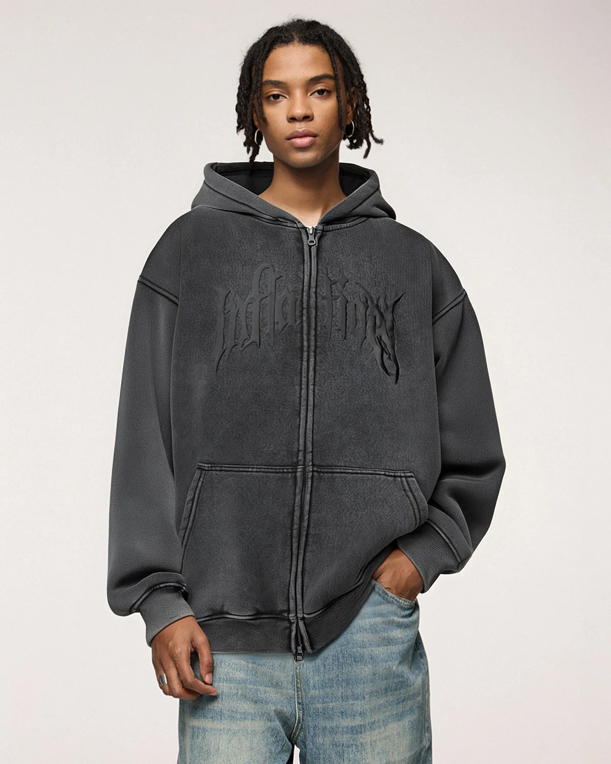 INFLATION Puff Print Washed Zip Up Hoodies - Image 8