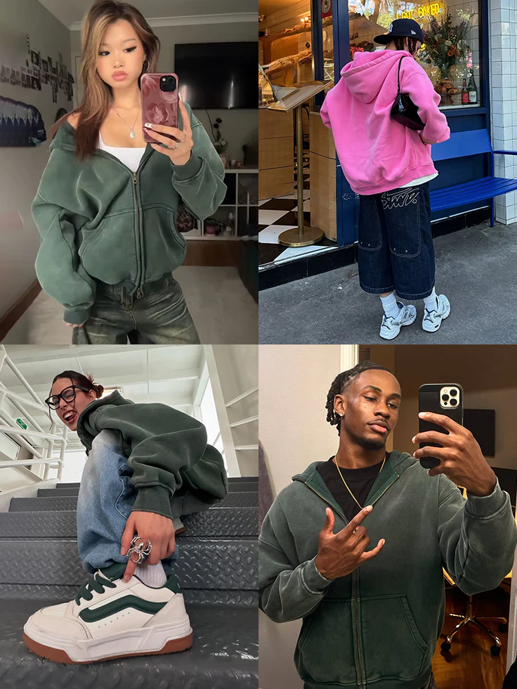 INFLATION Washed Distressed Fleece Zip Up Hoodies - Image 3